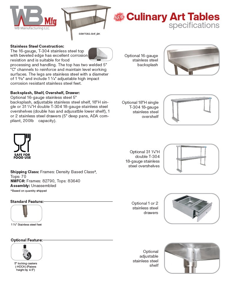 WB Culinary Arts Table Options