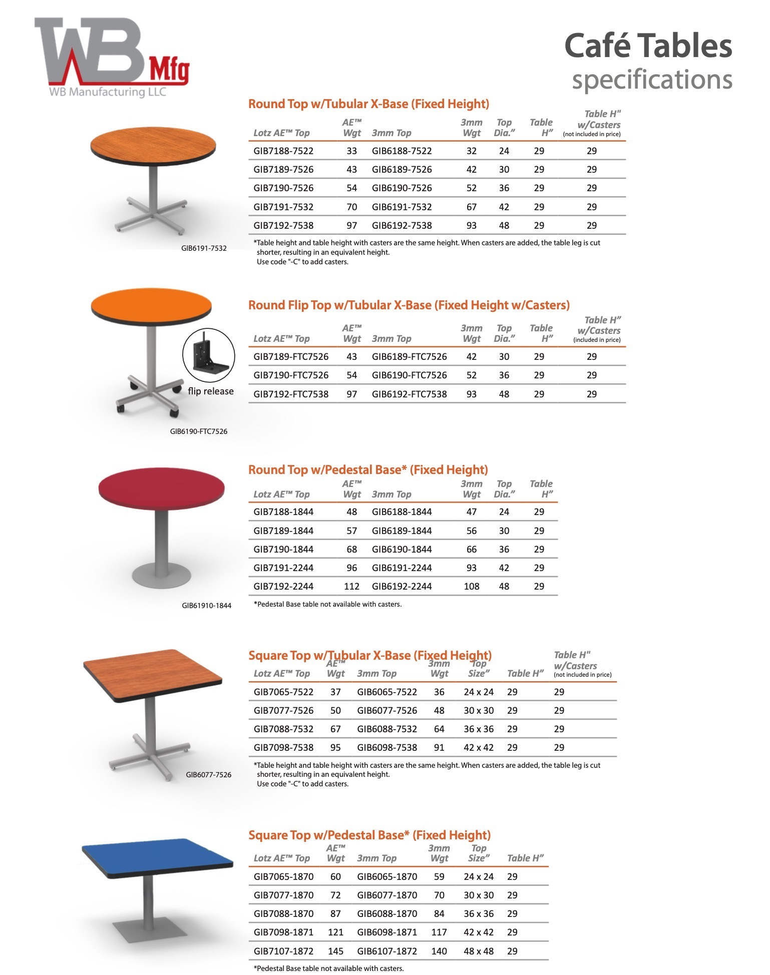 WB Cafe Tables Spec Sheet