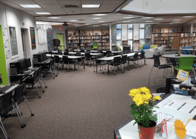 Library Tables, Shelving, Chairs and Circulation Desk